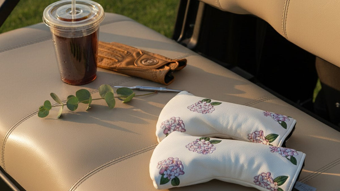 ladies golf head covers — Floral Leather embossed headcover set flat-lay on a golf cart seat at golden hour