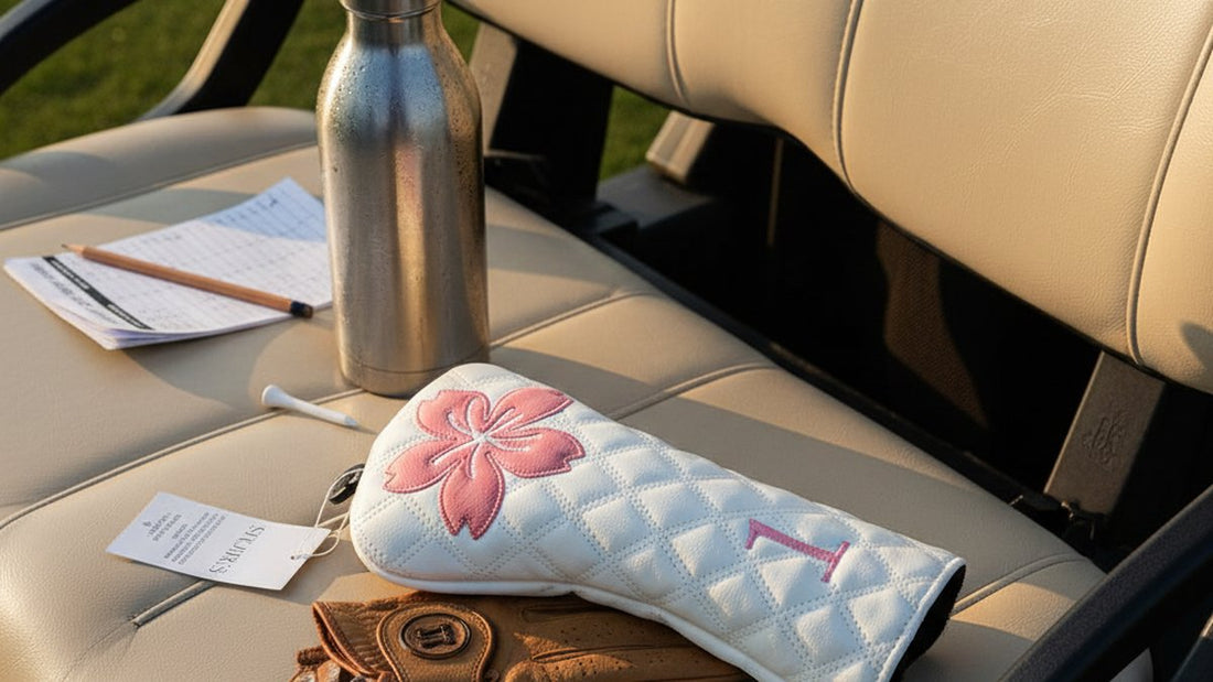 Sakura Cherry Blossom golf head cover on a golf cart seat at golden hour — ladies golf head covers