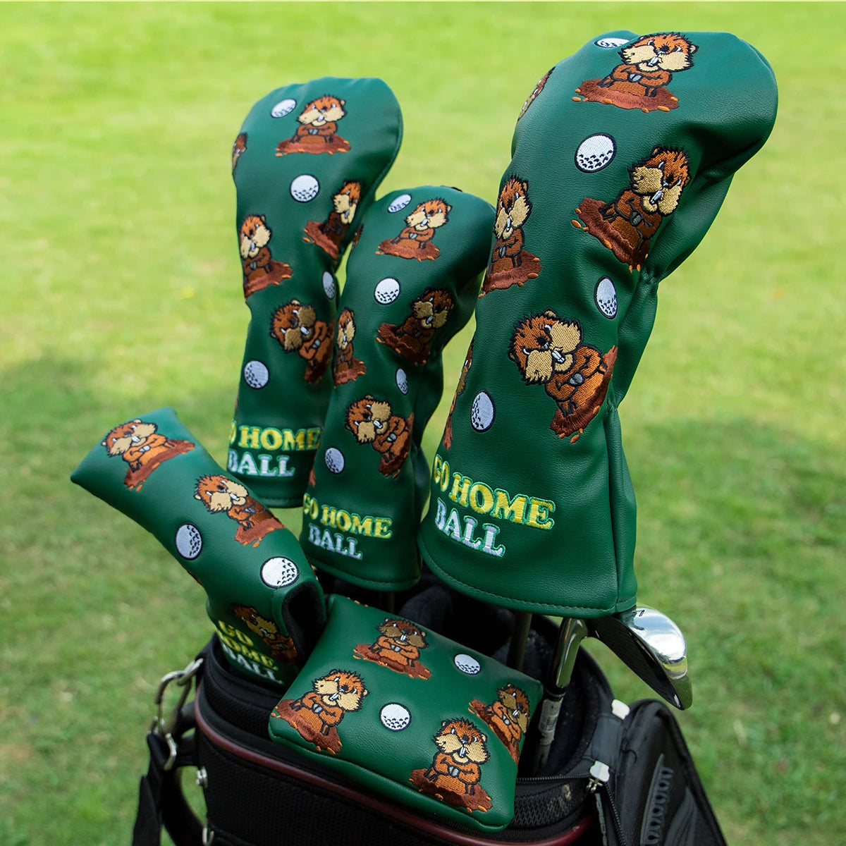 Green Leather Animal Golf Head Cover Set - angle view | Noggin Golf
