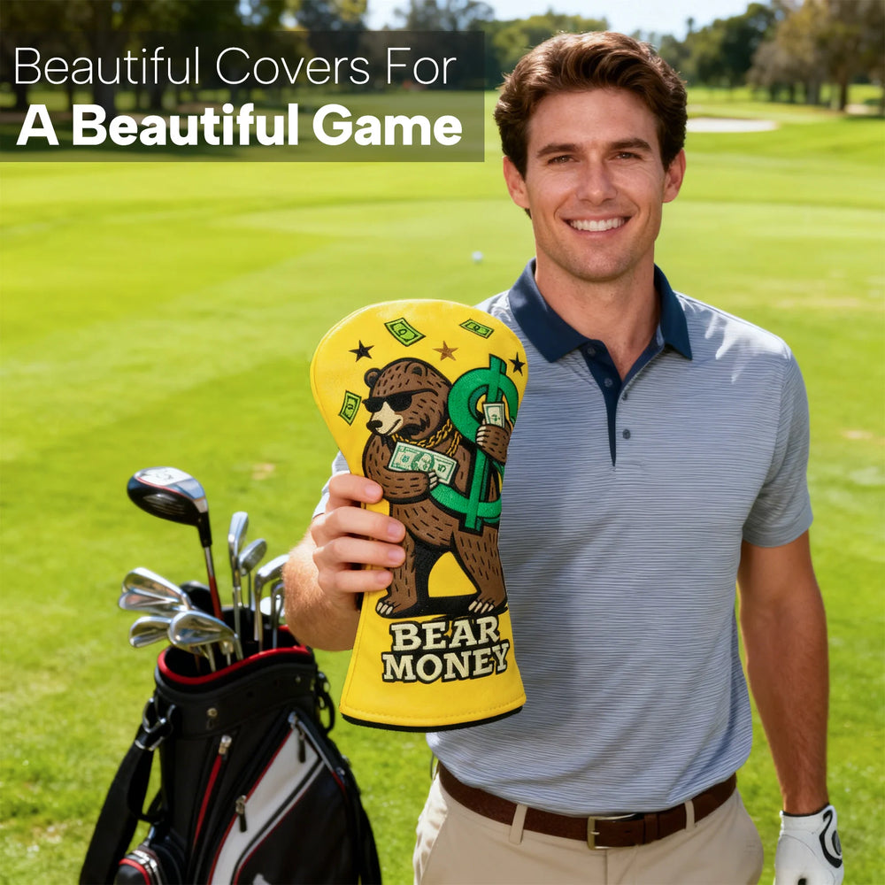 Bear Money Golf Club Cover Set - Bear Money Golf Club Cover Set - angle view | Noggin Golf | Noggin Golf