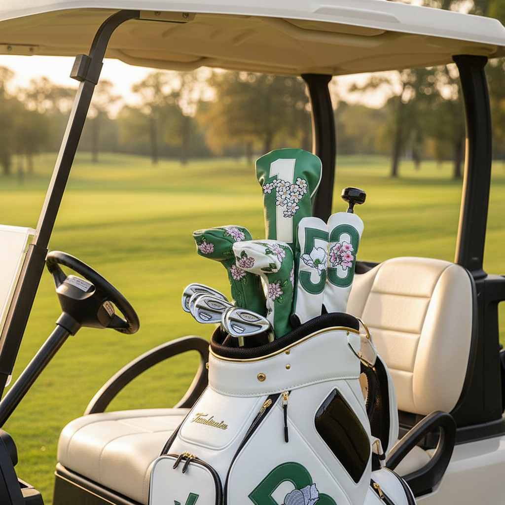 Floral green and white golf headcovers in golf cart | Noggin Golf
