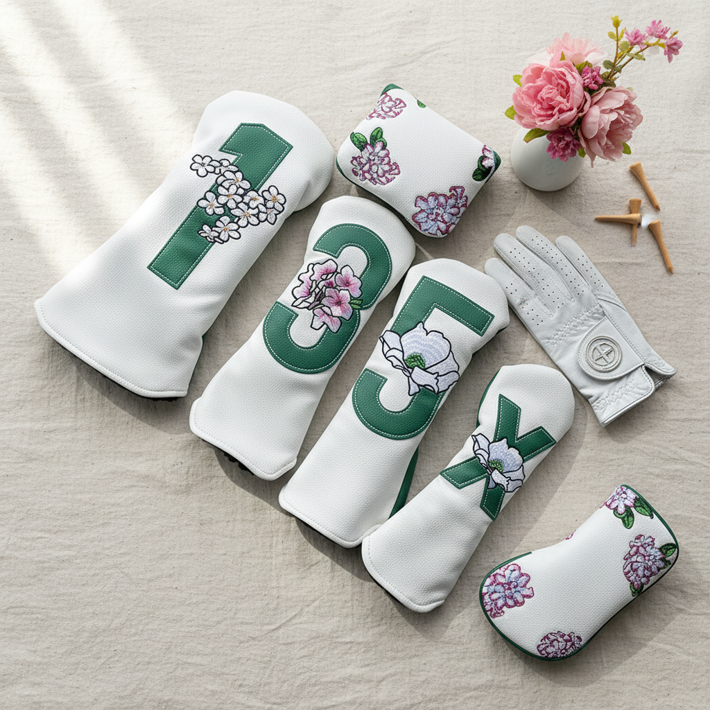 Floral white golf headcover set flat lay with accessories | Noggin Golf