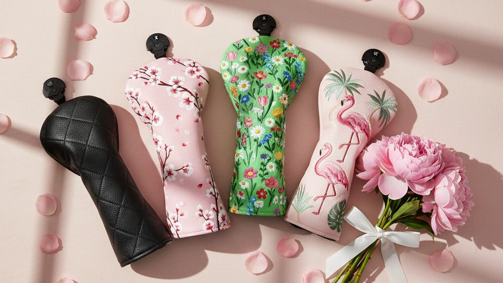 Noggin Golf Mother's Day collection — Black Premium, Sakura, Spring Flower, Pink Flamingo head covers