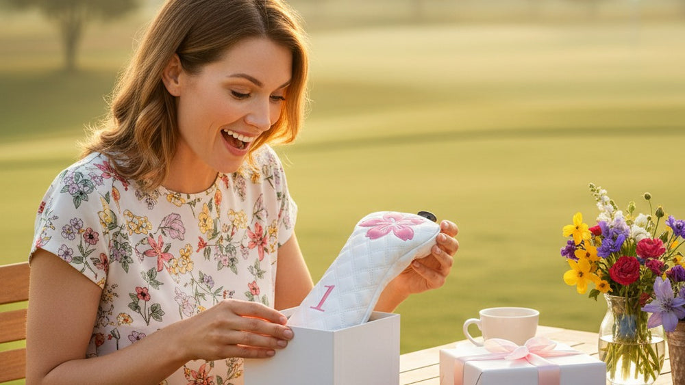Mom opening Mother's Day golf gift — Sakura head cover | Noggin Golf