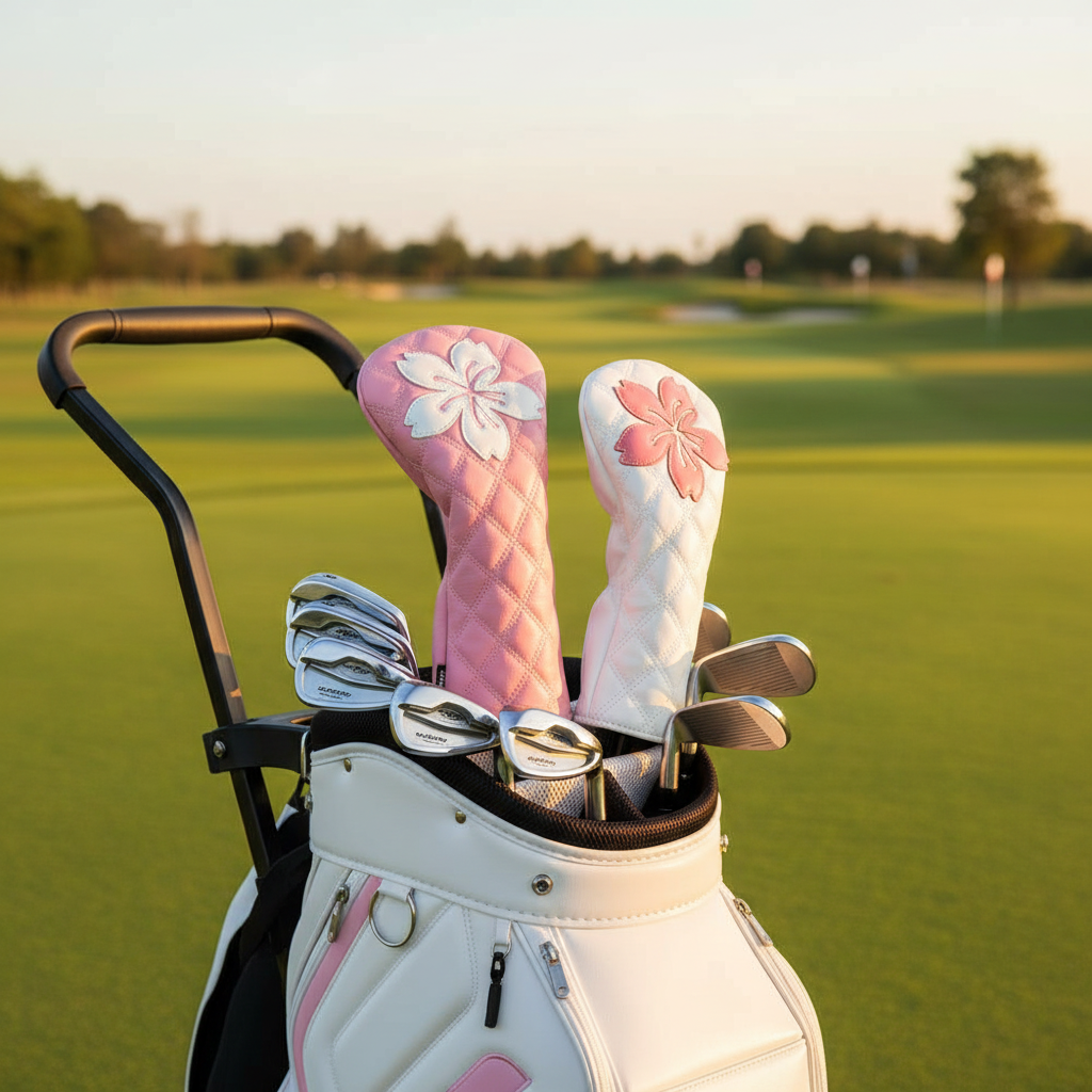 Sakura cherry blossom pink and white golf headcovers in golf cart | Noggin Golf