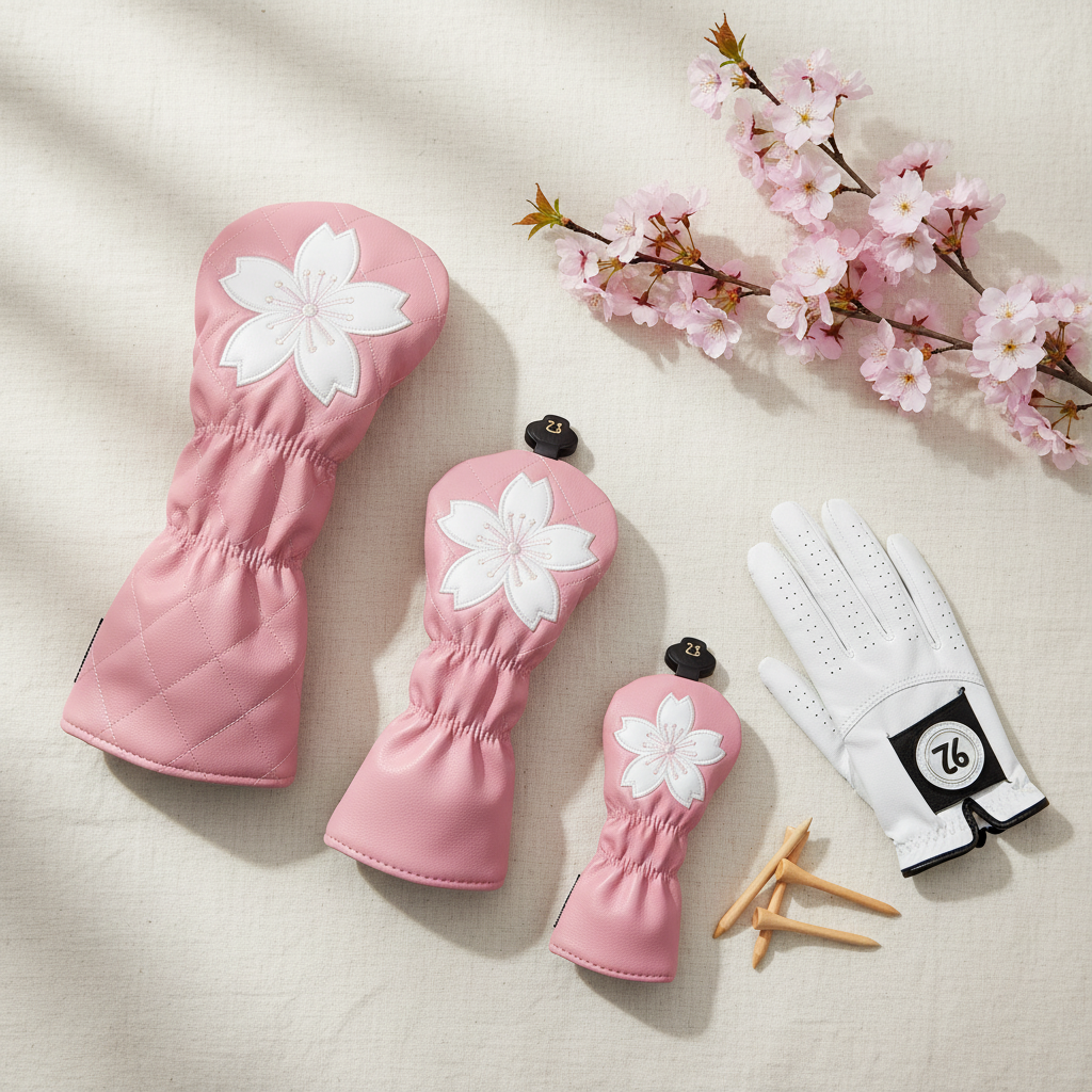 Sakura cherry blossom pink golf headcover set flat lay with glove and tees | Noggin Golf