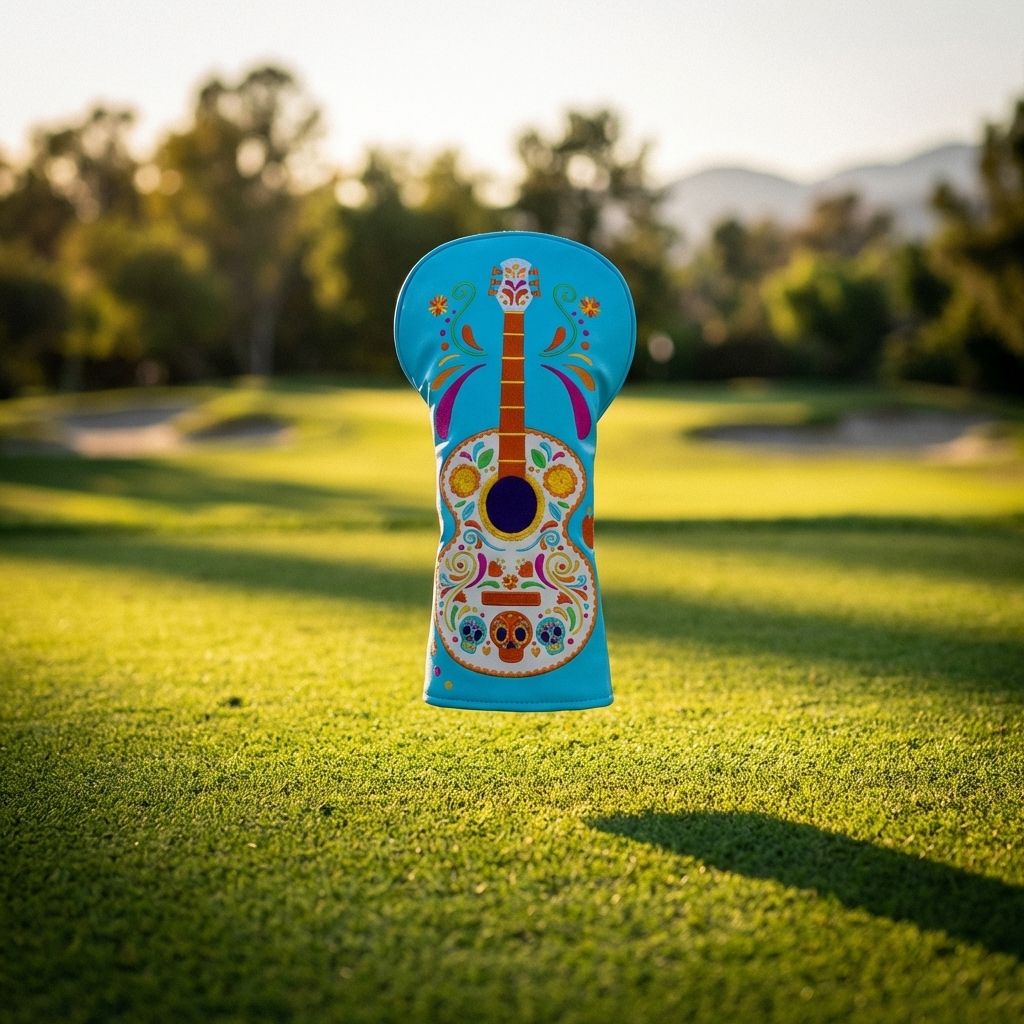 Day of the Dead guitar golf driver head cover floating above course at golden hour - unique golf head covers by Noggin Golf