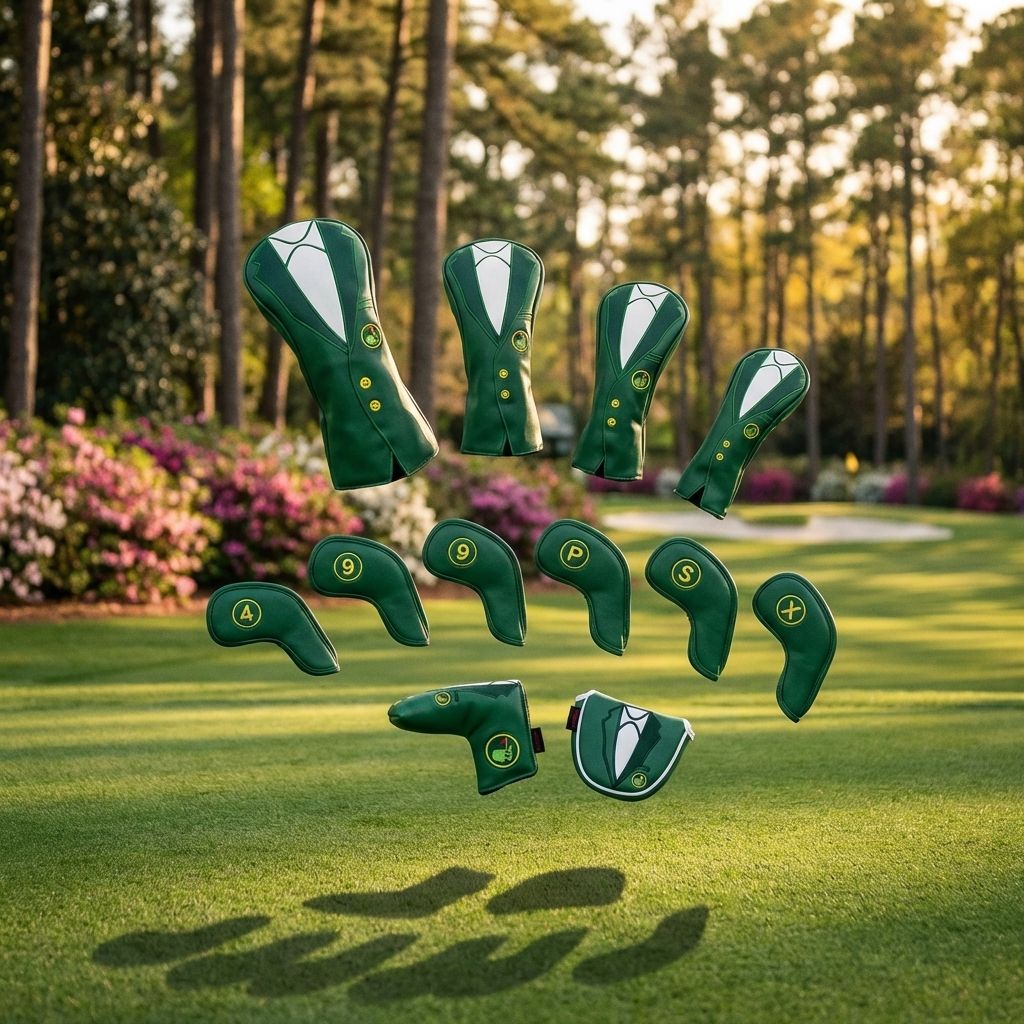 Greener Jacket premium golf head cover full set floating above Augusta-style golf course - luxury golf club head covers by Noggin Golf