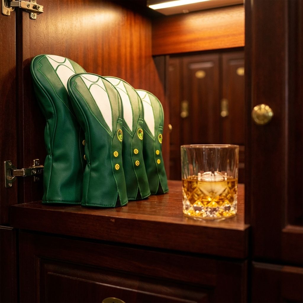Greener Jacket premium golf head covers in country club locker room - Noggin Golf