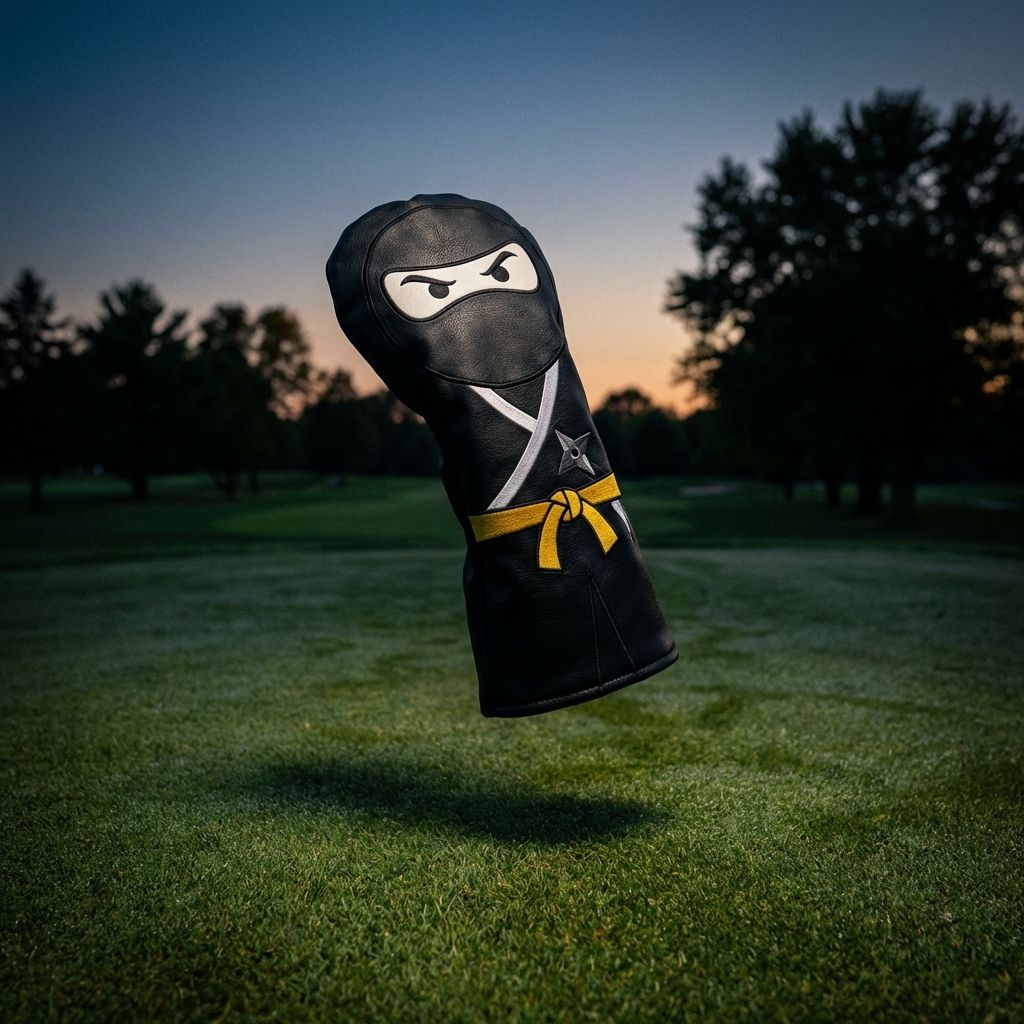 Ninja golf club head cover floating above golf course at dusk - funny golf head covers by Noggin Golf