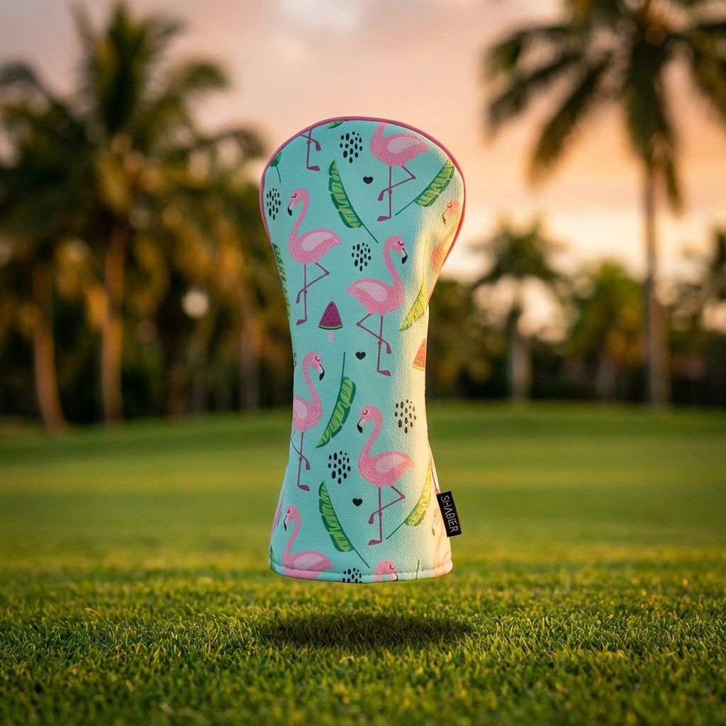 Pink flamingo animal golf head cover floating above tropical golf course - womens golf head covers by Noggin Golf