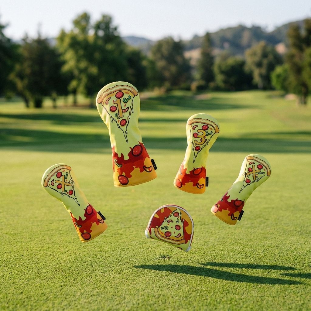Pizza party leather golf head cover set floating above fairway - unique golf head covers by Noggin Golf