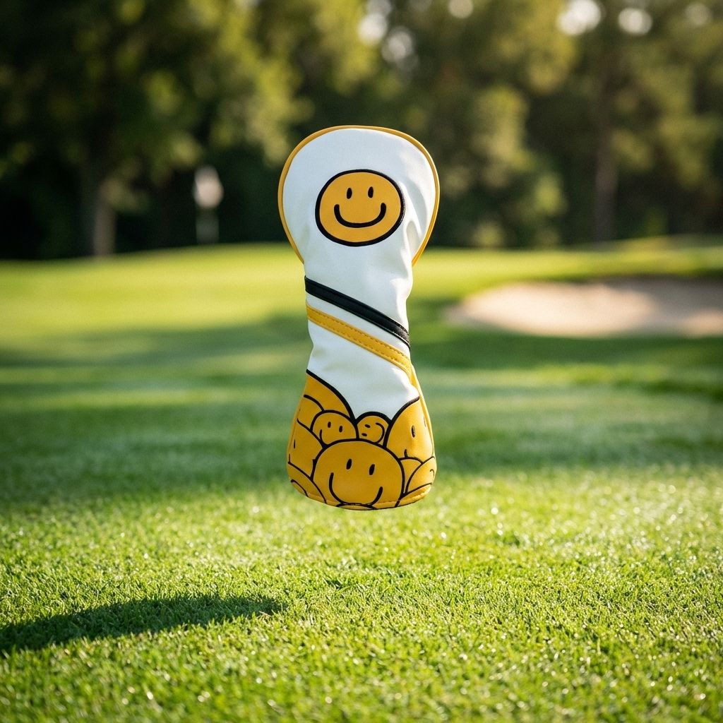 Smiley face golf driver head cover floating above green - funny golf accessories by Noggin Golf